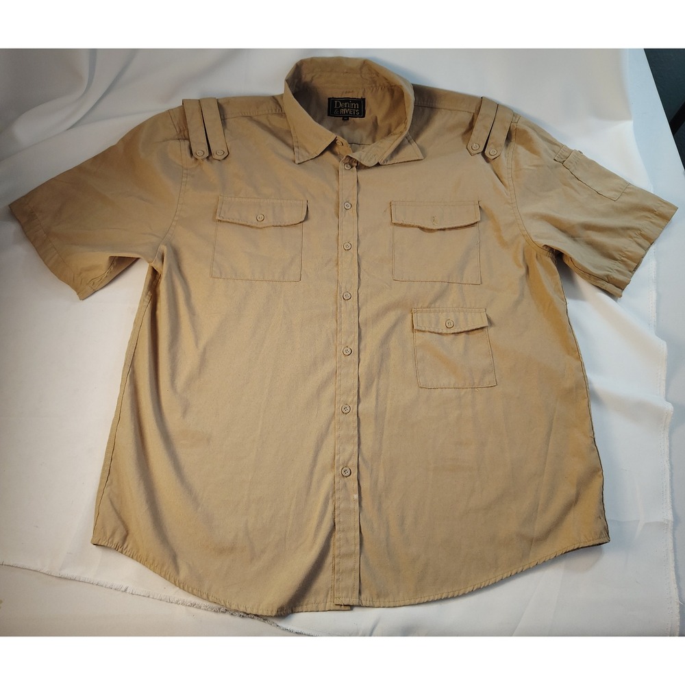 Denim & Rivets Utility Safari Shirt Mens Tan Khaki Button Down Short Sleeve 3X